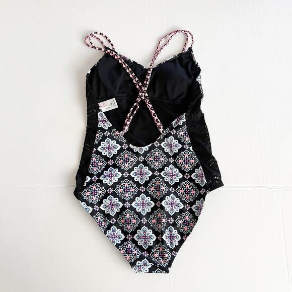 [Hula Honey] Black Gypsy Deco Lace Geometric Print One Piece Swimsuit Sz Small S - Picture 2 of 11